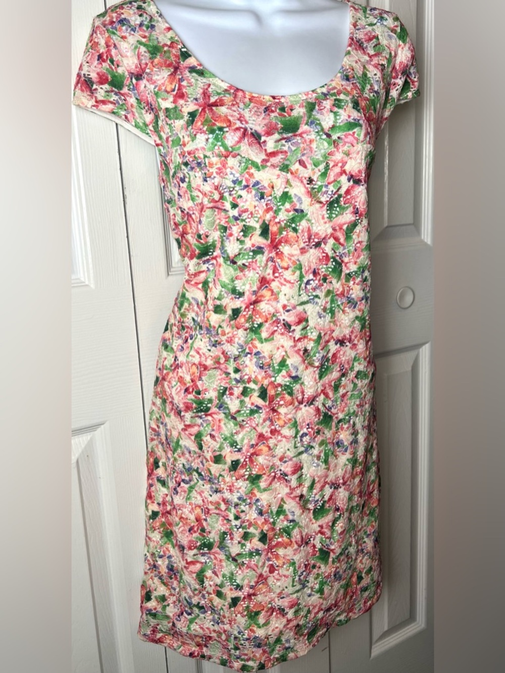 FREE PEOPLE Dress Lace Overlay Open Back Cap Sleeves Floral Pink Green Small - Picture 7 of 10